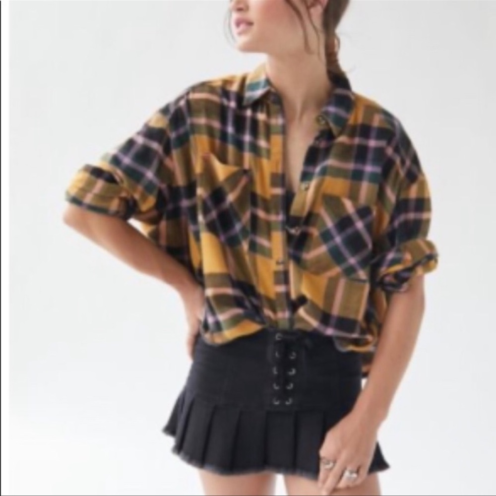 NWT UO BDG Karl Slouchy Flannel Button-Down Shirt - yellow multi-xs